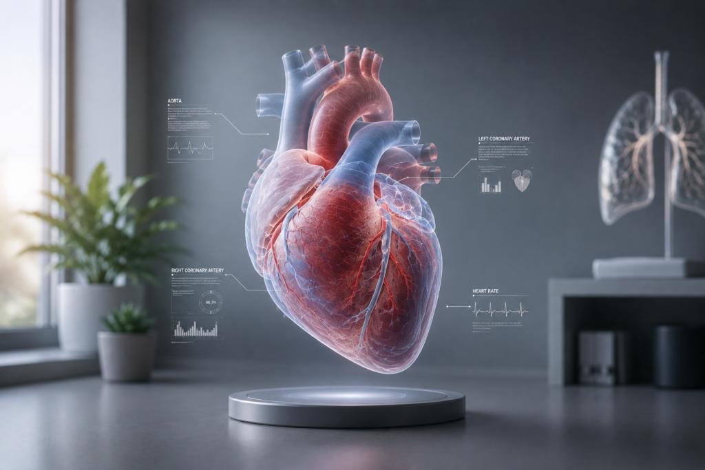 This high-quality 3D medical illustration features a realistic human heart enhanced with subtle AI-inspired data overlays to represent advanced healthcare visualization. The image demonstrates how medical animation transforms complex anatomical structures into clear, engaging visual content for medical education, healthcare marketing, investor presentations, product demonstrations, and scientific communication. It reflects the growing role of AI-assisted visualization in explaining innovative healthcare products with accuracy and clarity.