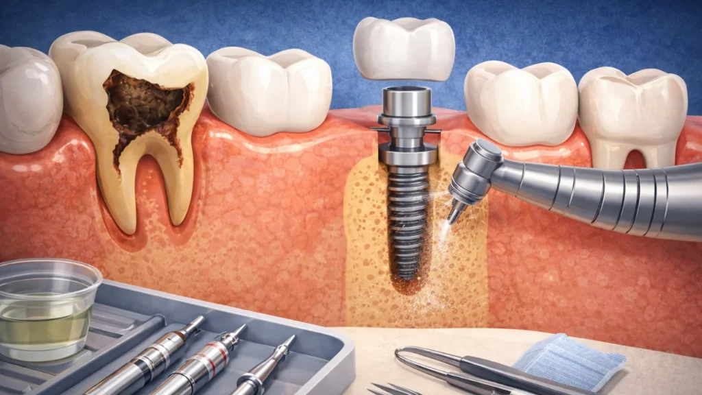 3D dental animation showing implant procedure for patient education in dental clinic