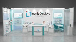 medical startup presenting device with 3D animation on screen at healthcare event booth