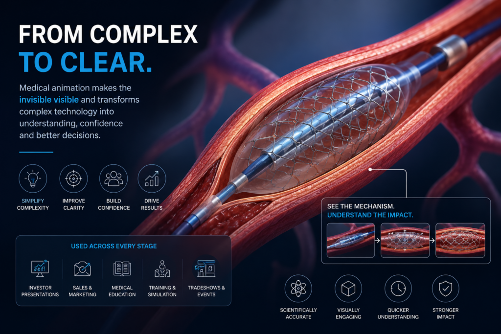 3D medical animation showing a cardiovascular stent expanding inside a blood vessel