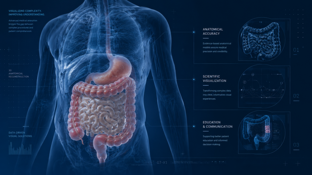 Scientific medical visualization of the human digestive system with anatomical overlays and healthcare communication data graphics.