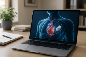 AI-powered medical animation displayed on a laptop showing a 3D visualization of a healthcare device inside the human body